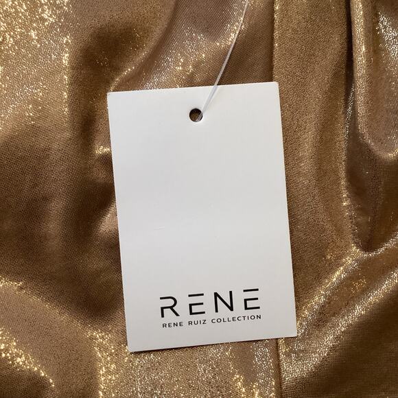 Rene Ruiz Metallic Gold One Shoulder Ruched Midi Cocktail Dress 4 NWT - Picture 9 of 10